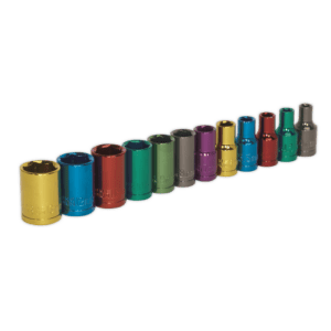 Multi-Colour Socket Set 12pc 1/4"Sq Dr 6pt WallDrive Metric, SEALEY UK