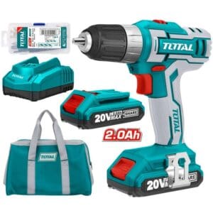 Cordless 20V Drill Set 2Pcs 2Ah Batteries 2-speed Gear, TOTAL TOOLS