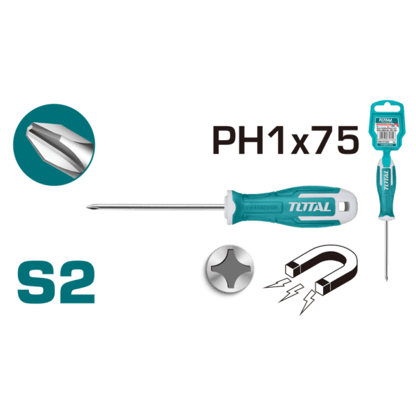 Screwdriver 75mm Phillips Magnetic S2 PH1, TOTAL TOOLS